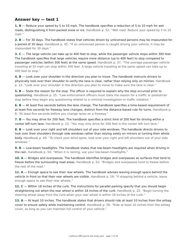 An answer key page with handbook quotes